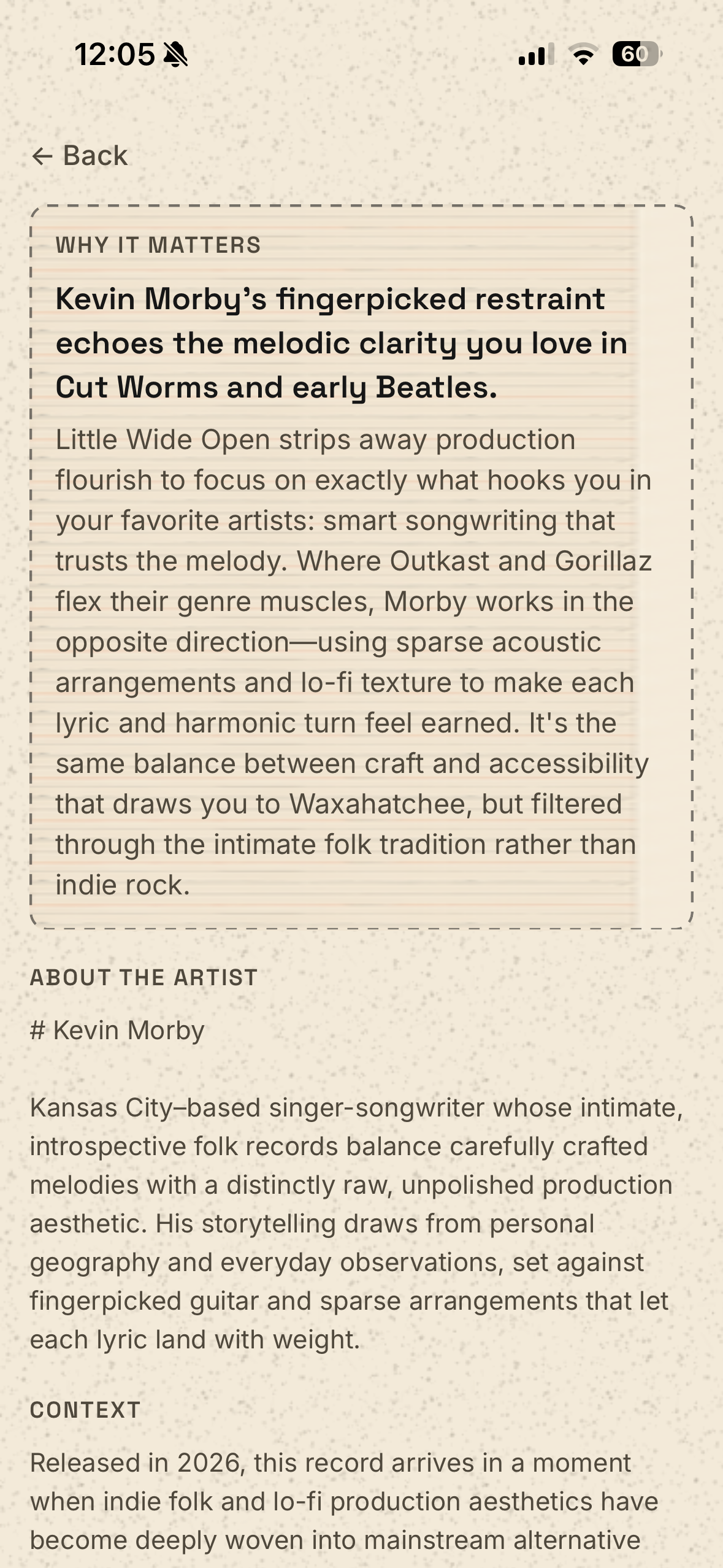 An album detail page: why this album matters for your taste, plus context on the artist.